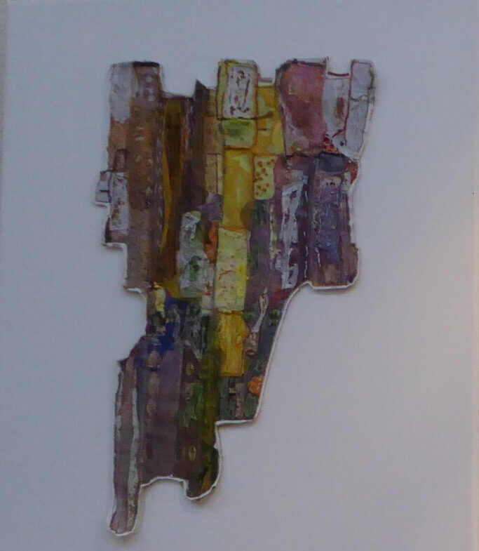 A triptych of layered embroidered appliqued art representing peeling paint.