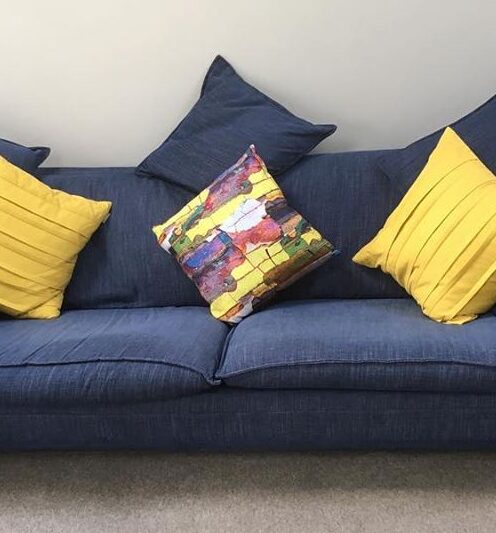 Spode Cushion on sofa